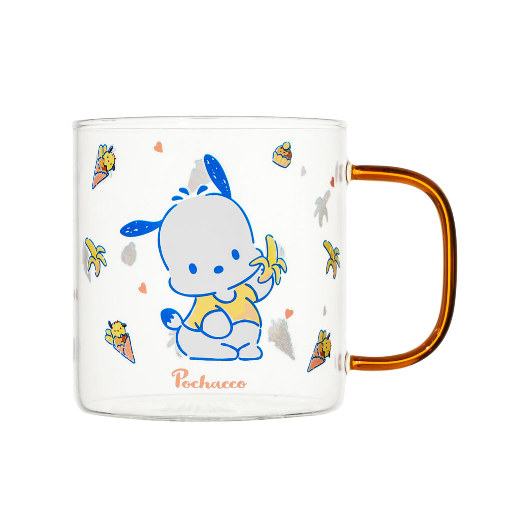 Pochacco clear 420 ml glass mug with printed design and coloured handle