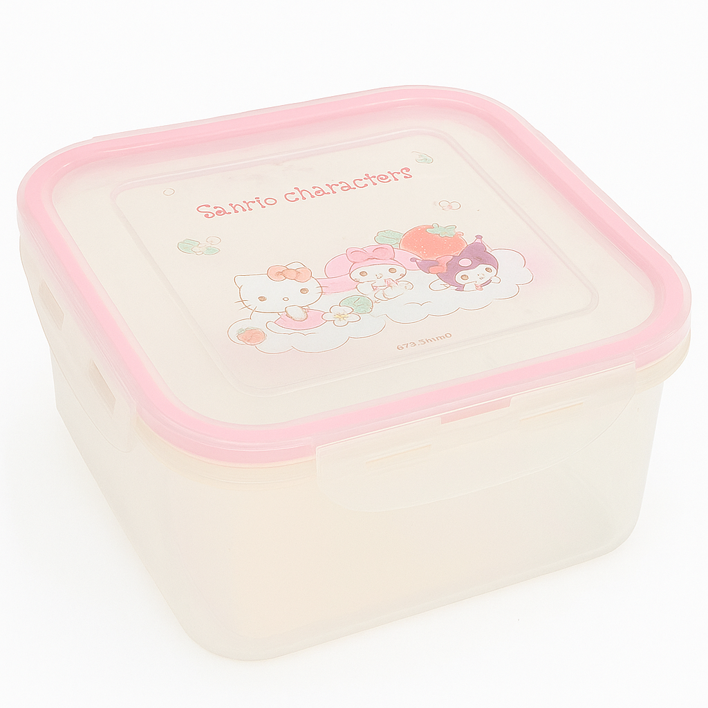 Large Sanrio pink clip-lock food container with Hello Kitty, My Melody and Kuromi