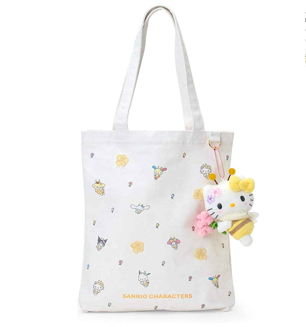 Hello Kitty Flower Loving Bee mascot attached to a cream Sanrio tote bag