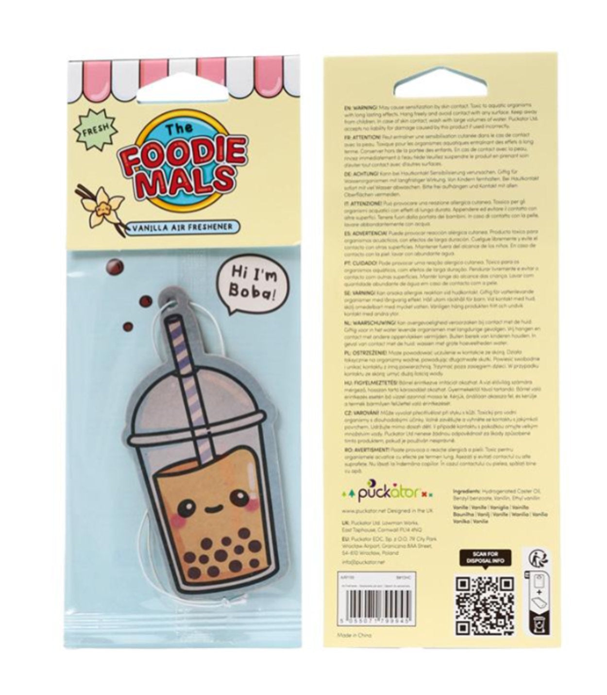boba tea air freshener shown in packaging front and back