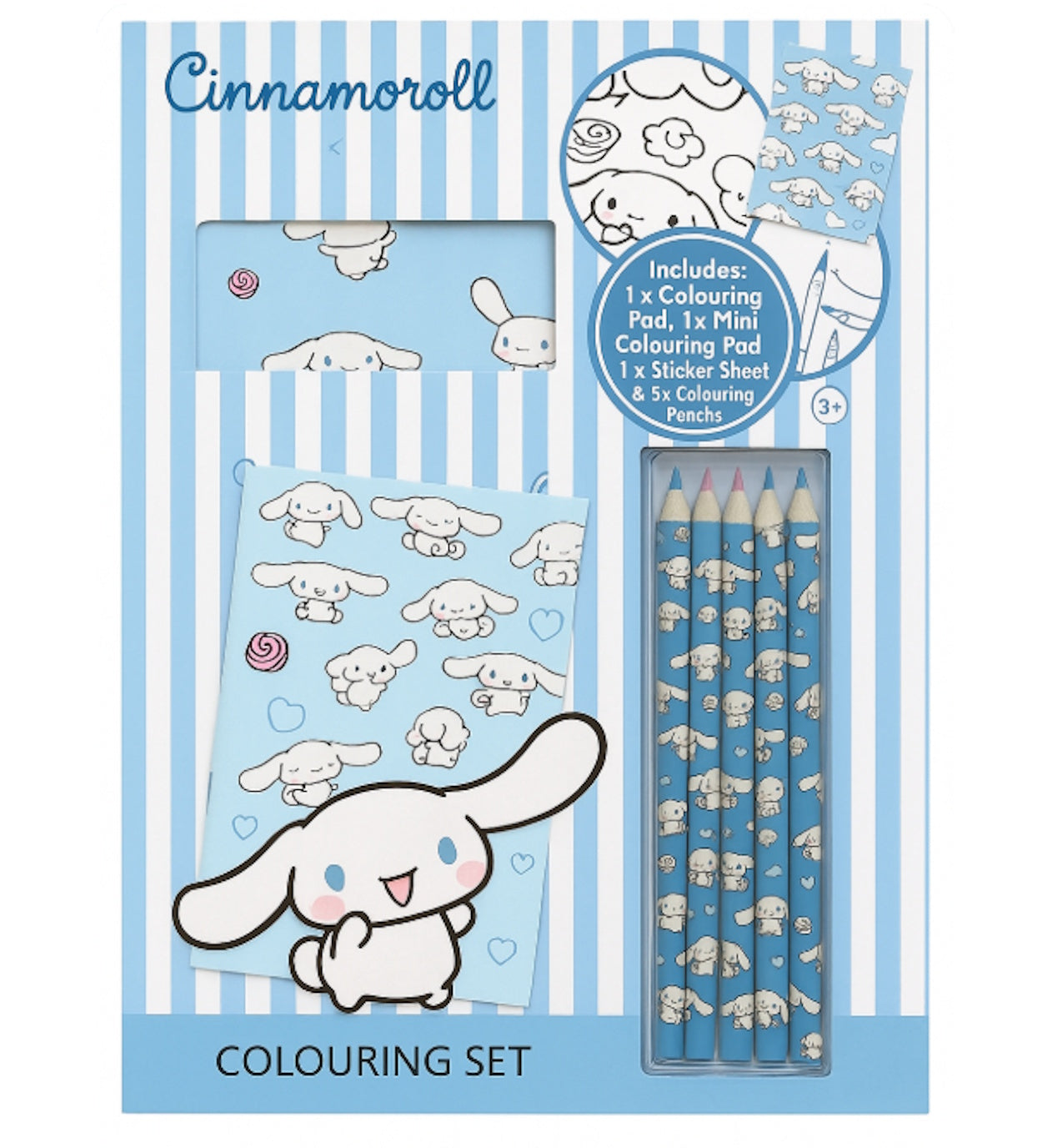 Cinnamoroll coloring set packaging with pencils and coloring pad on a blue and white striped background.