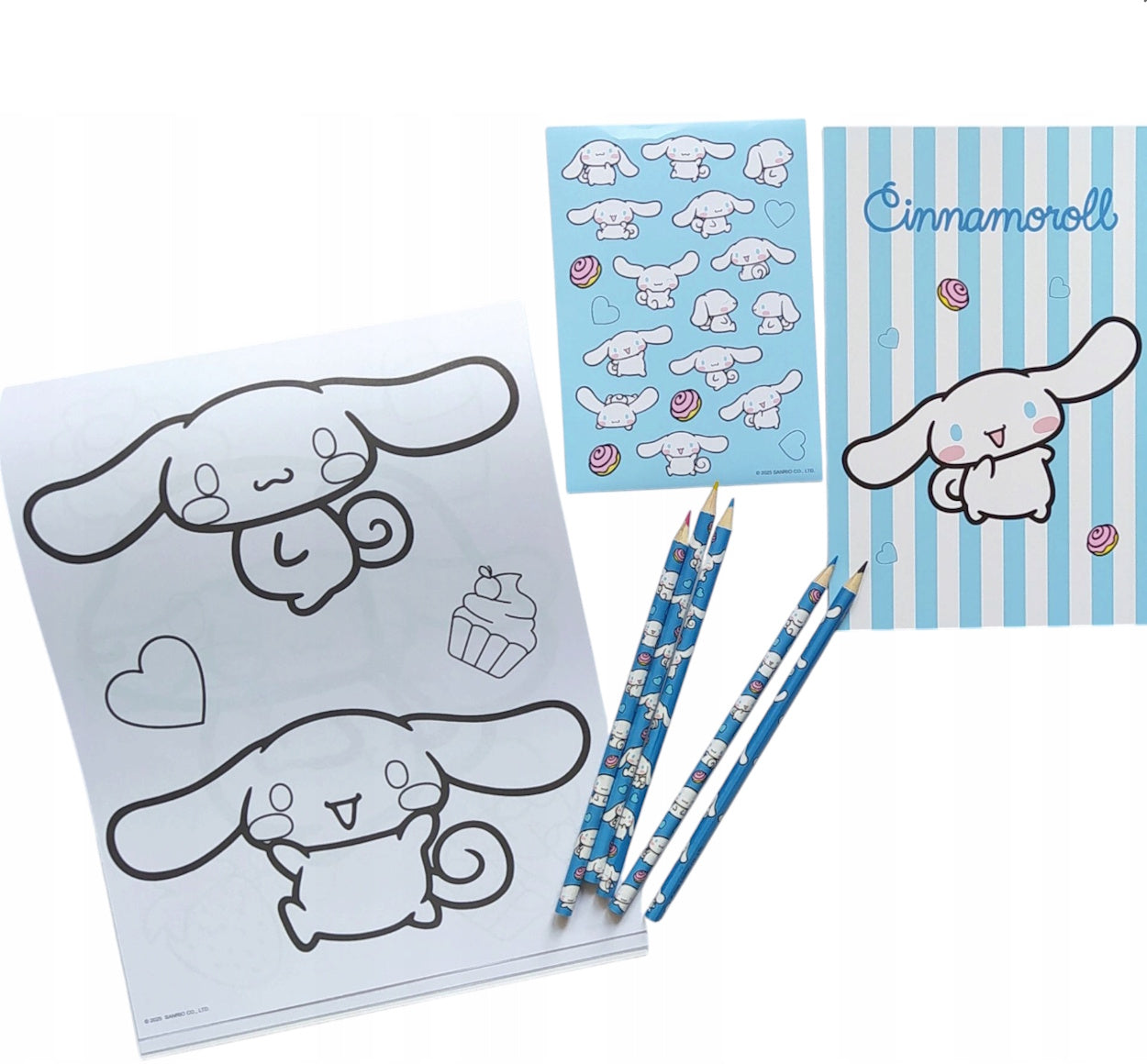 Cinnamoroll-themed stationery set with coloring book, stickers, and pencils on a white background