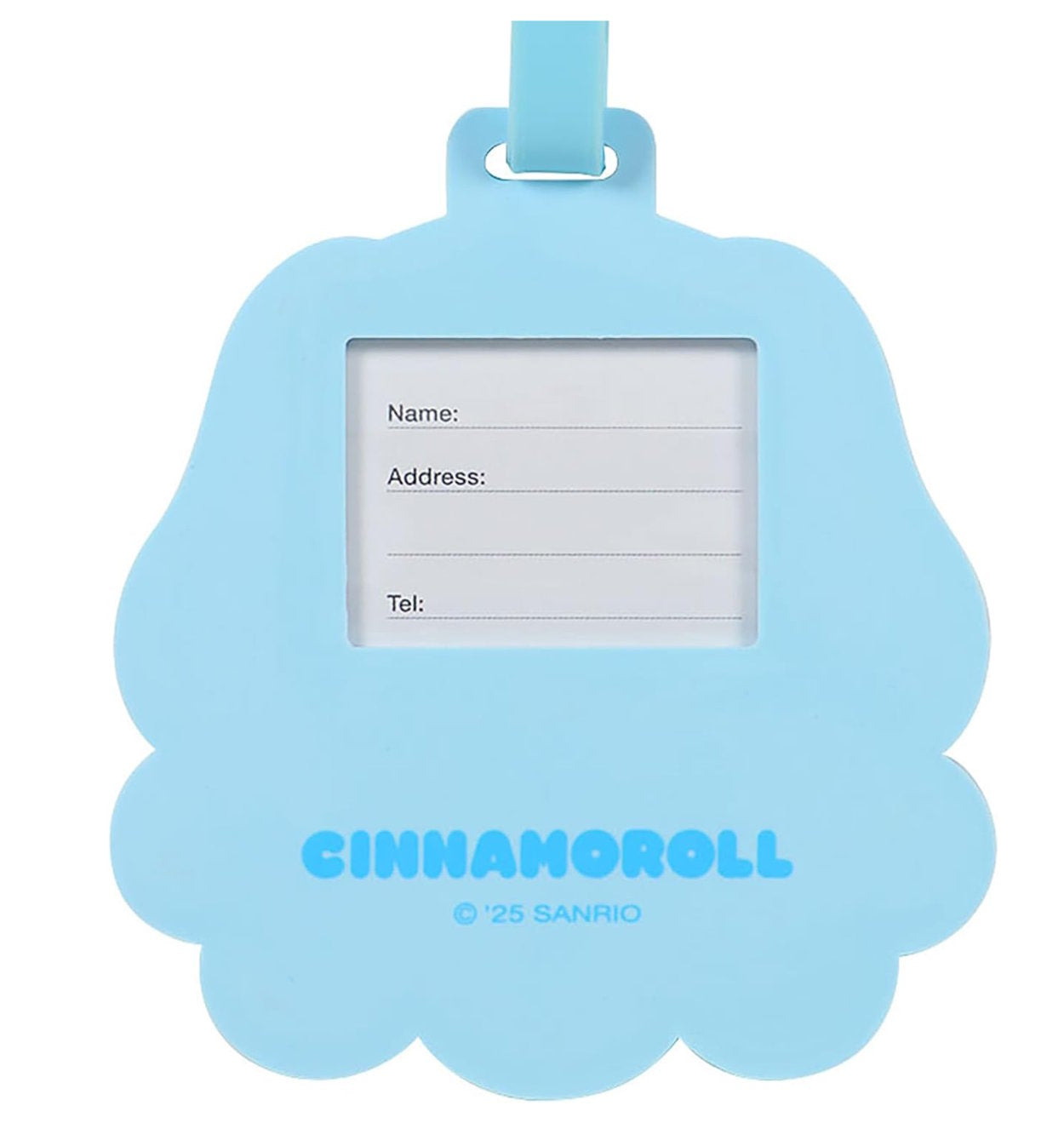close up of cinnamoroll luggage tage showing name space