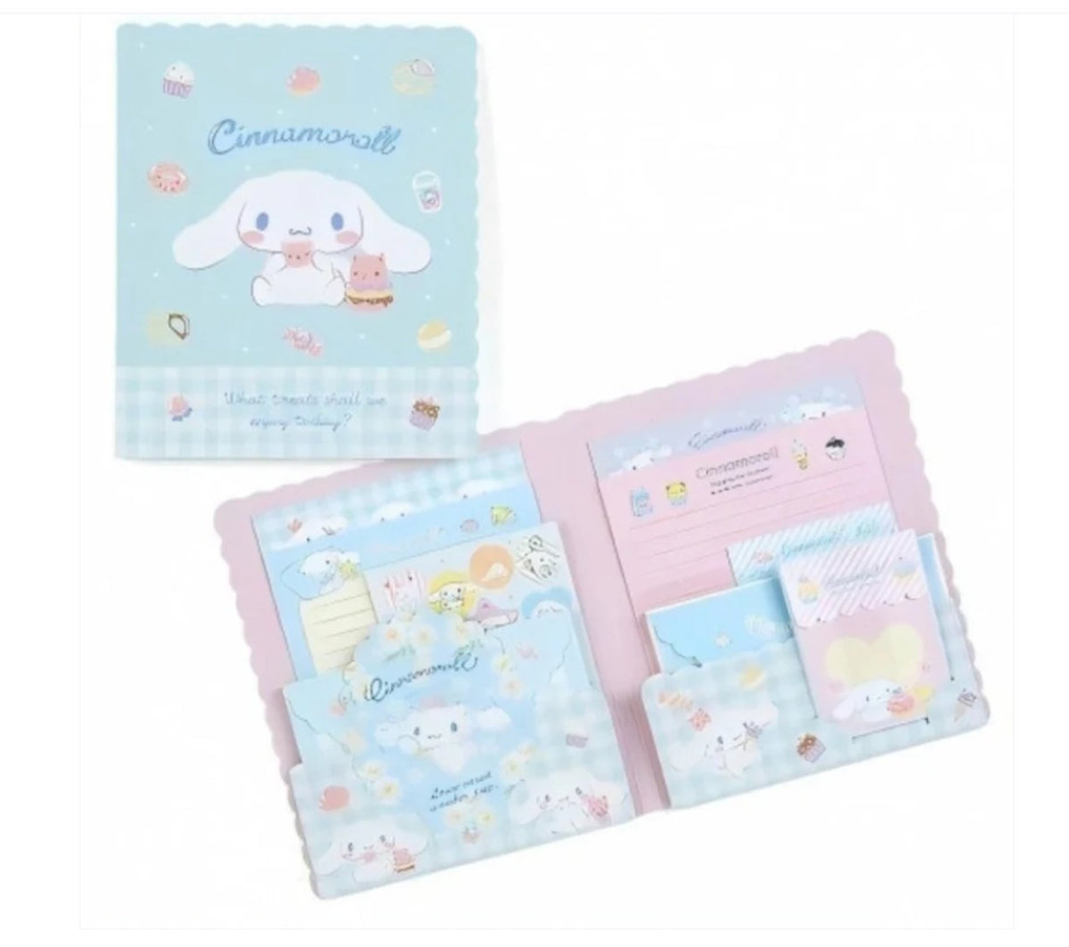 Cinnamoroll stationery letter set opened to show assorted writing paper envelopes and memo sheets