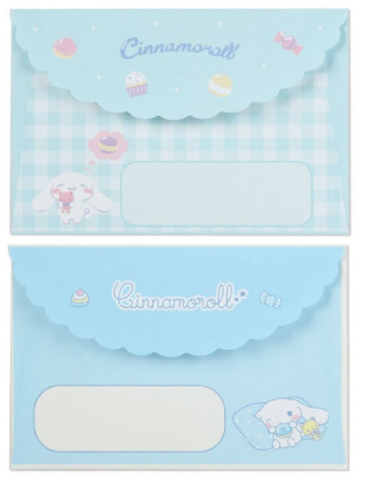 Cinnamoroll blue and gingham envelopes with cute character and sweet treat designs