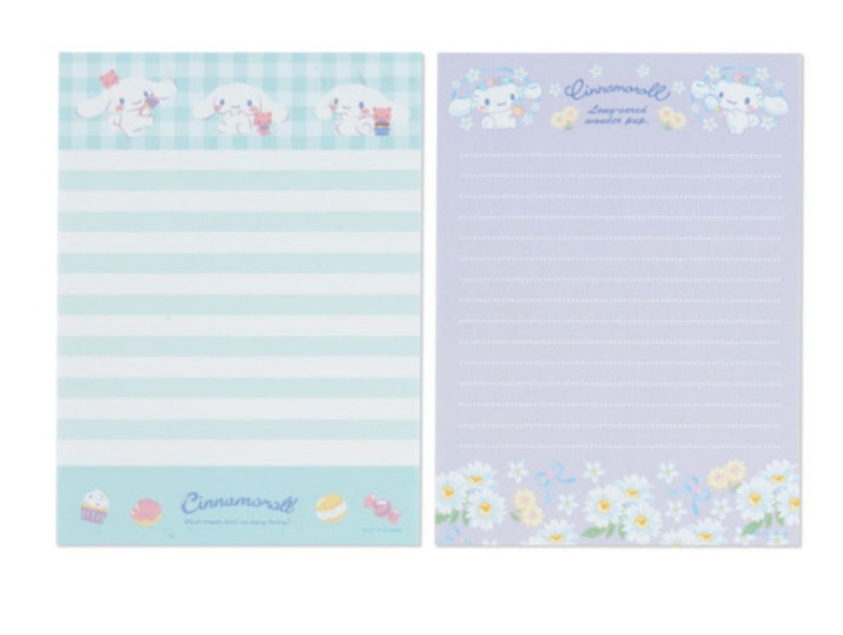 Cinnamoroll writing paper designs in blue stripes and lilac floral pattern
