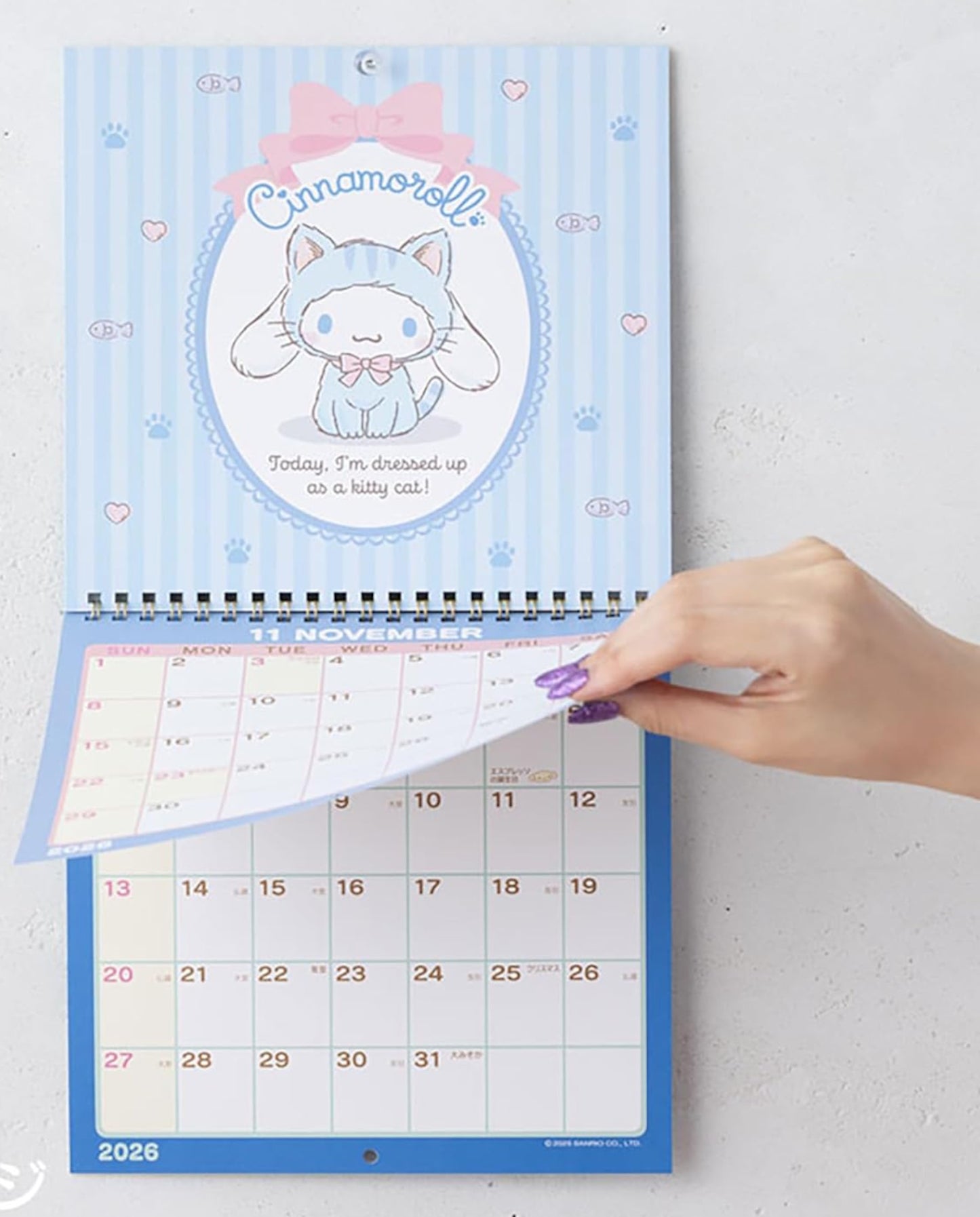 Close-up of Cinnamoroll artwork on calendar pages