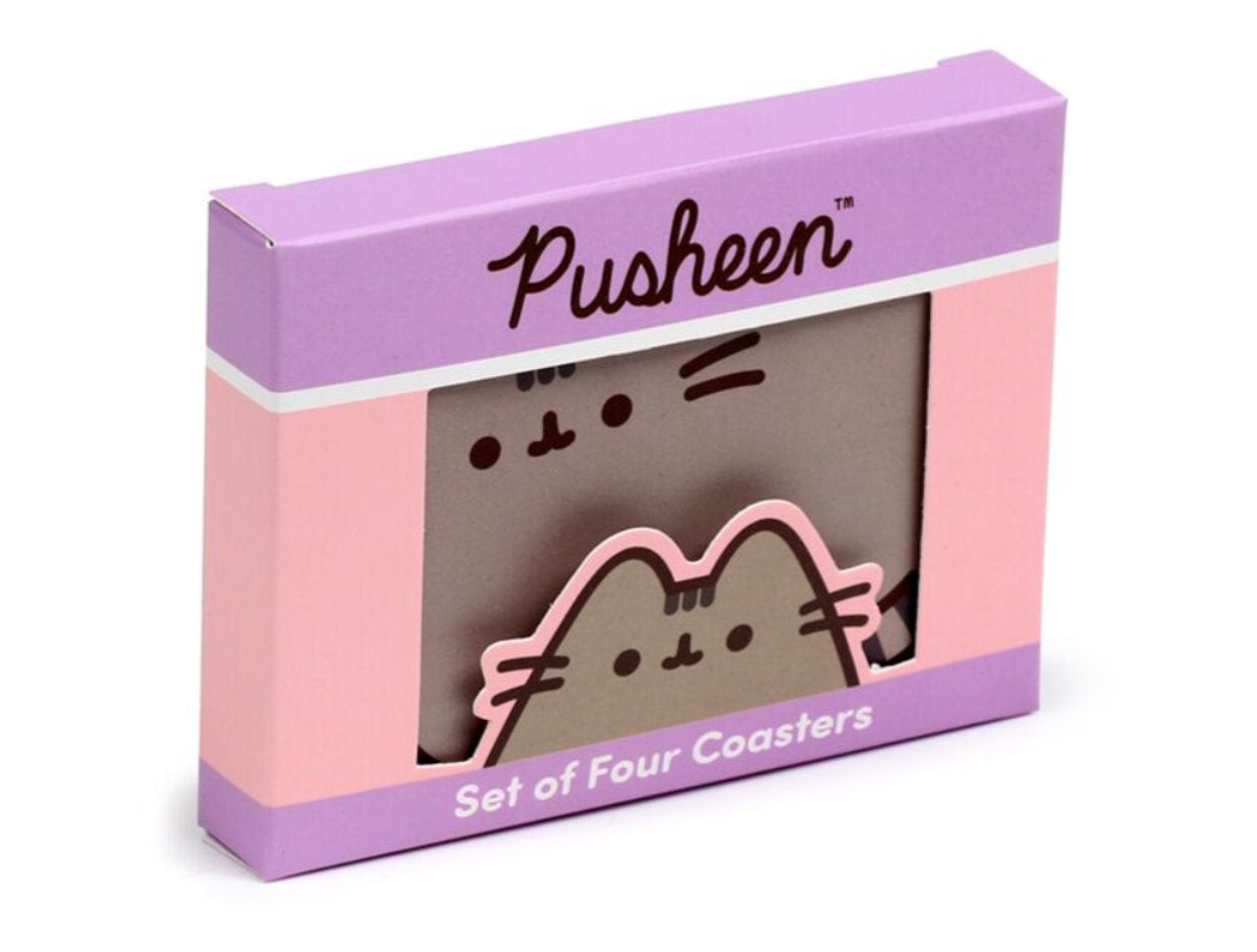 Set of four Pusheen cat shaped coasters in packaging box