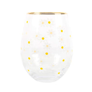 Kawaii Daisy Print Stemless Wine Glass with Gold Rim