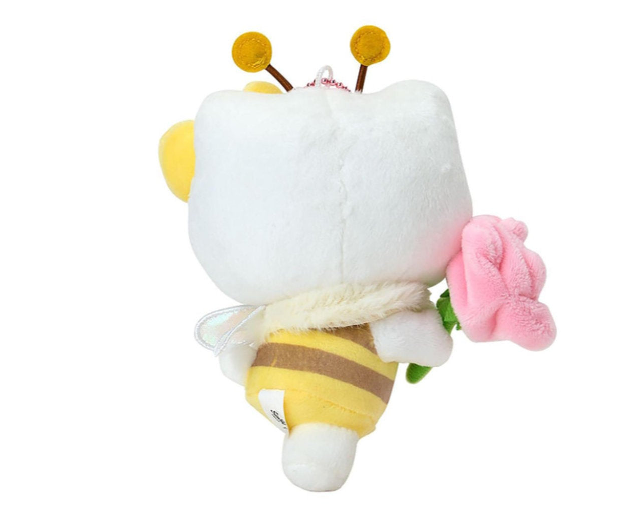 Back view of Hello Kitty Flower Loving Bee mascot plush showing bee wings and striped outfit