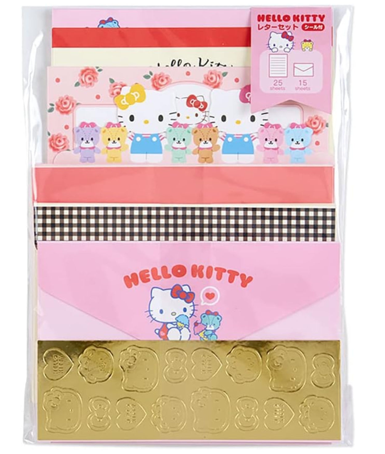 Hello Kitty stationery set with envelopes, letters, and stickers in a clear package.