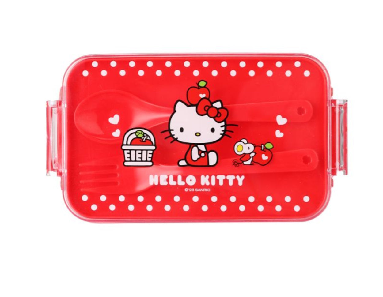 Red bento box with Hello Kitty design on a red background
