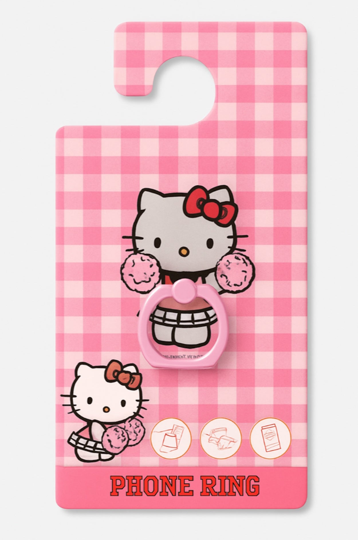 Phone ring with Hello Kitty design on a pink checkered card