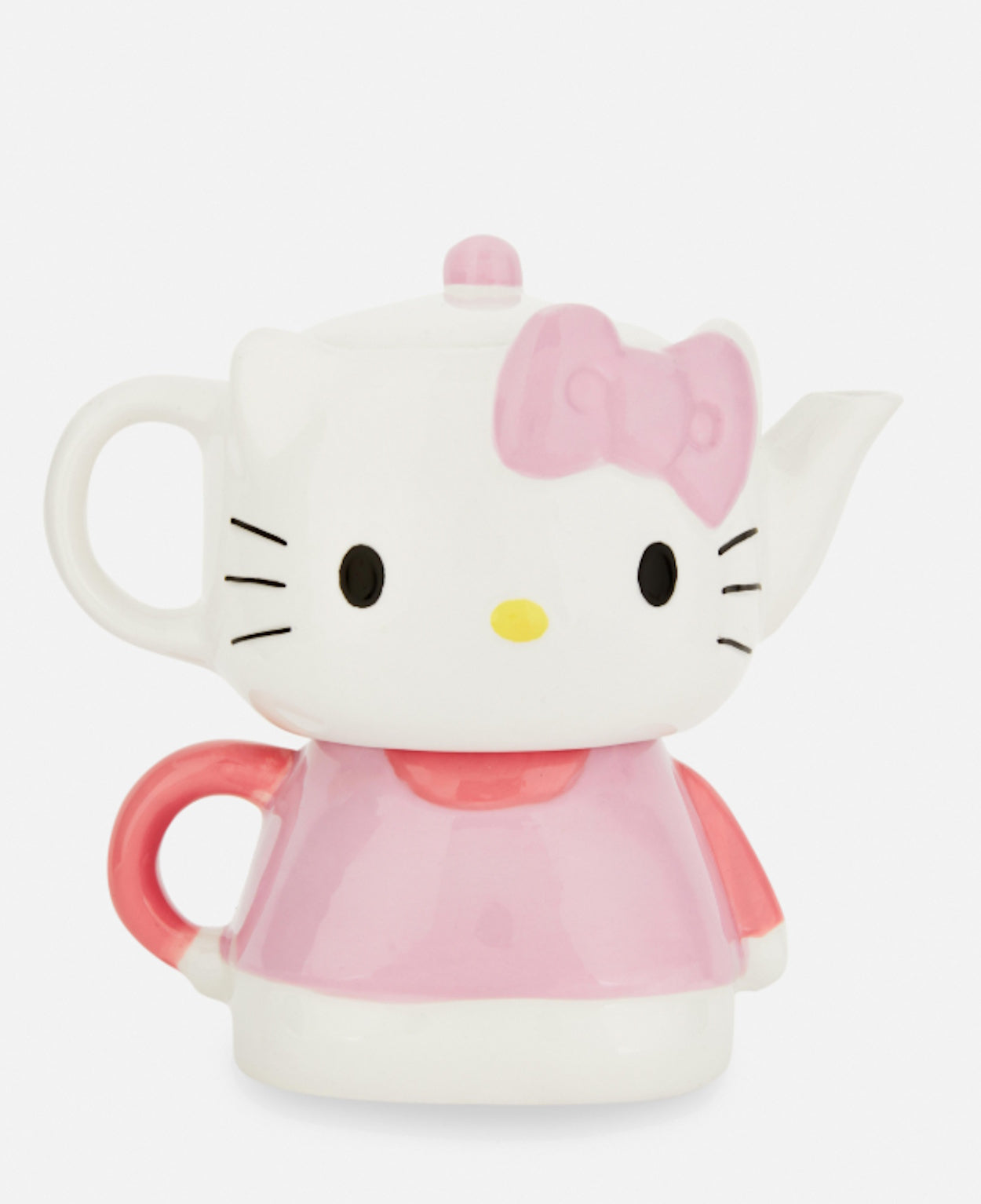Hello Kitty-themed teapot with a pink dress on a white background