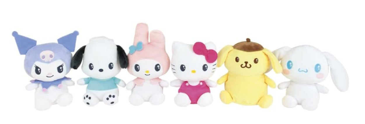 Six Sanrio character plush toys lined up against a plain white background, including Kuromi, pompompurin, My Melody, Hello Kitty, Pochacco, and Cinnamoroll.
