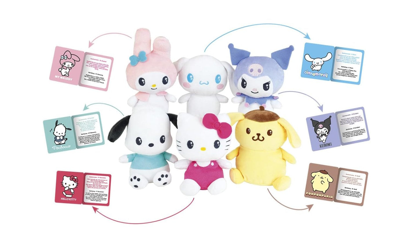 A group of Sanrio plush toys including My Melody, Cinnamoroll, Kuromi, pochacco, Hello Kitty, and Pompompurin, arranged with colorful booklets and arrows on a white background.