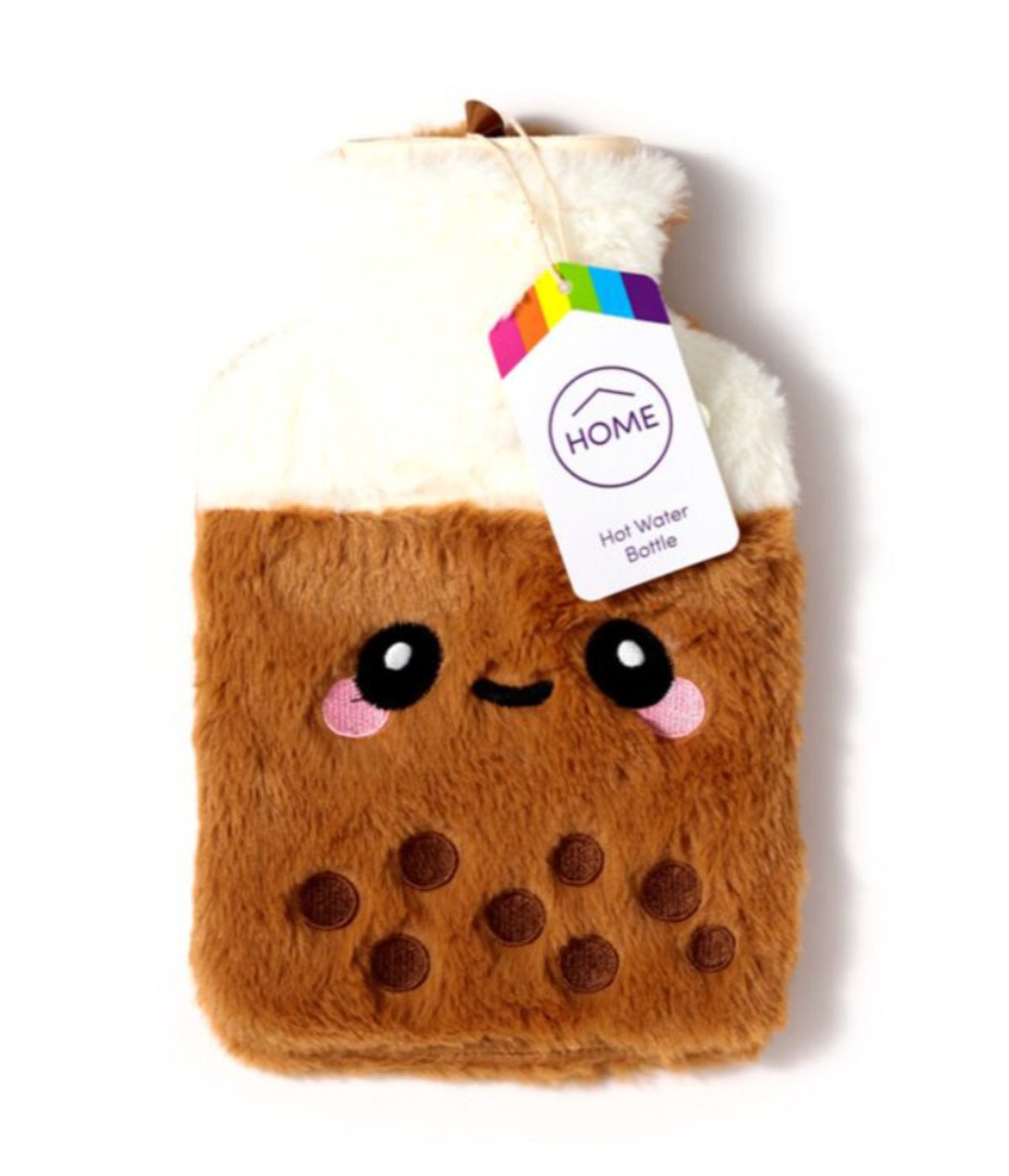 bubble tea hot water bottle with fluffy brown and cream cover, smiling face and pink cheeks