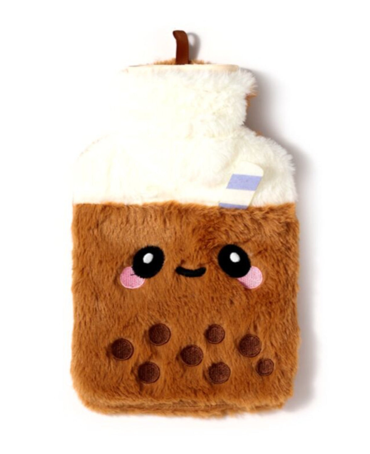 bubble tea hot water bottle with fluffy brown and cream cover, smiling face and pink cheeks