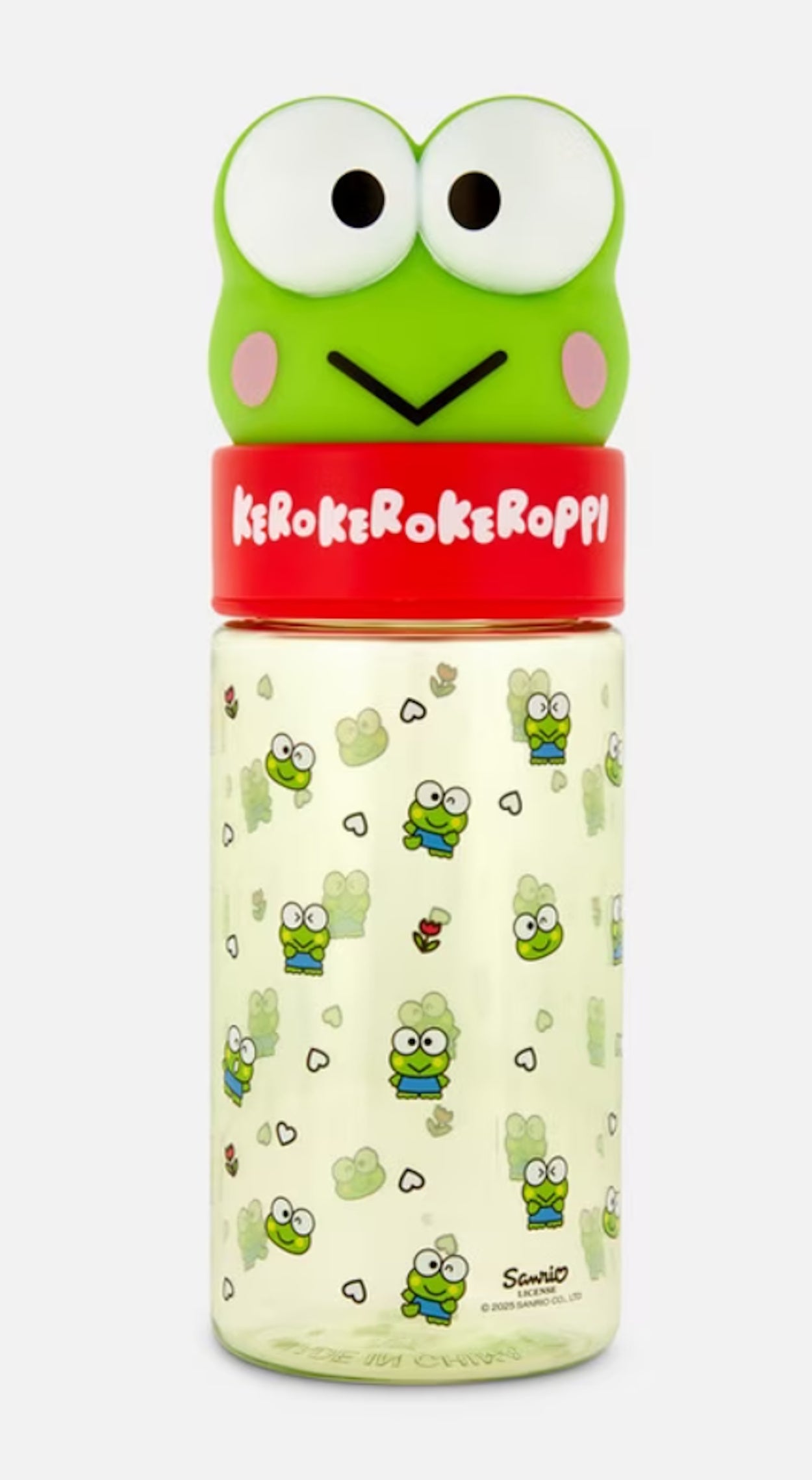 Keroppi drink bottle with frog-shaped green lid and printed character designs