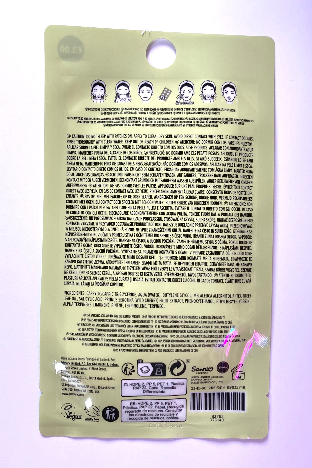 Keroppi soothe and calm blemish patches in packaging – back view