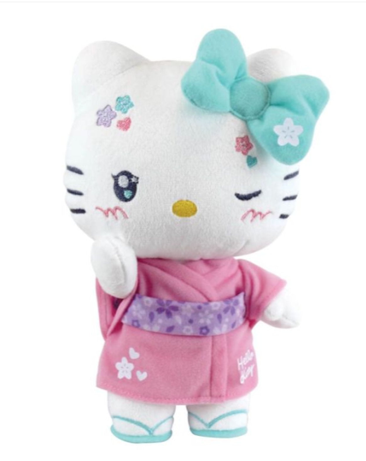 Hello Kitty plush wearing a pink kimono with mint-green bow 