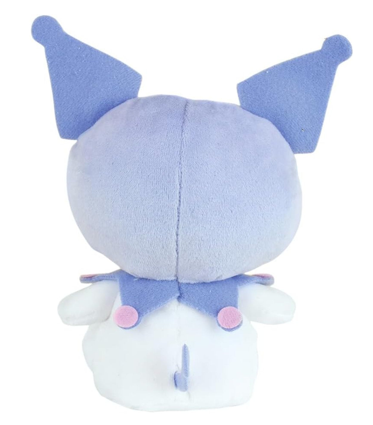 Kuromi black and white sitting plush toy with pink skull detail, approximately 17 cm tall back view