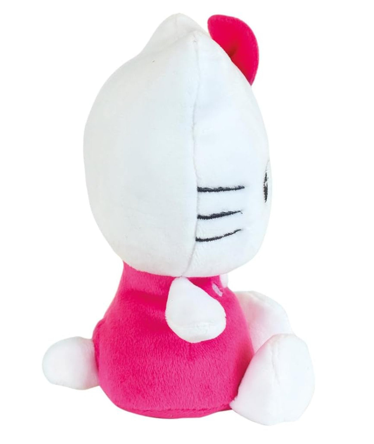 Hello Kitty white sitting plush toy with signature red bow, approximately 15 cm tall side view