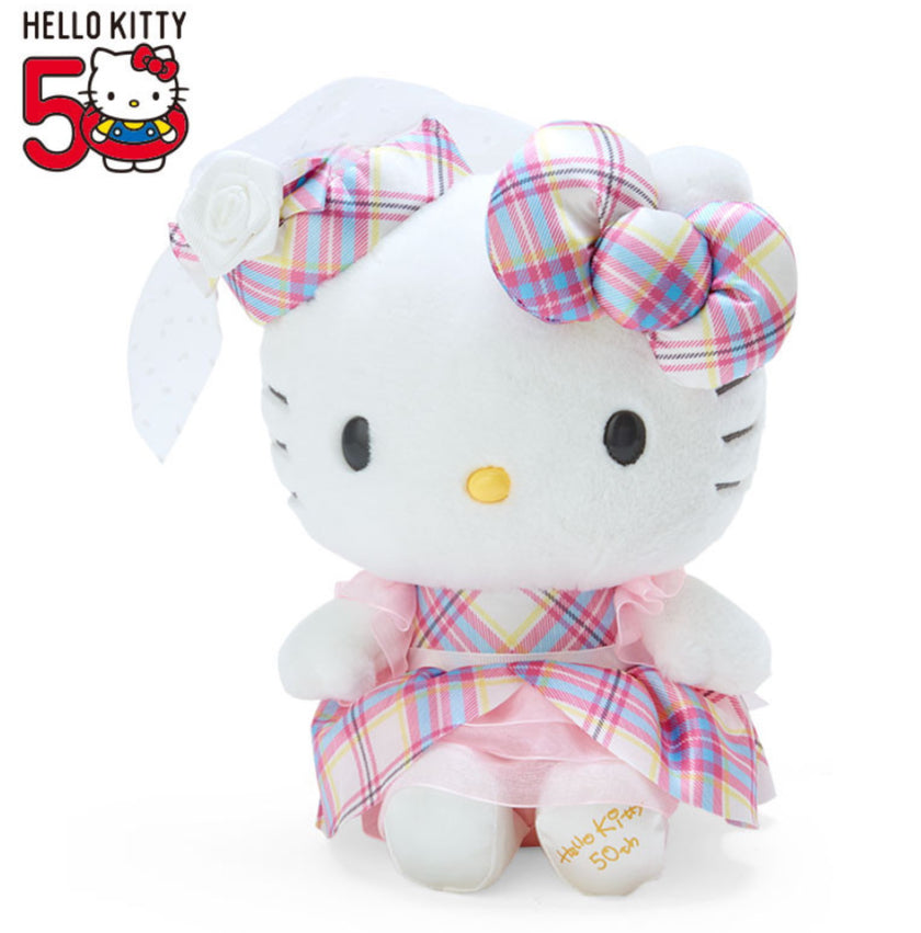 Sanrio Hello Kitty Pink Tartan Plush Soft Toy 50th Anniversary
