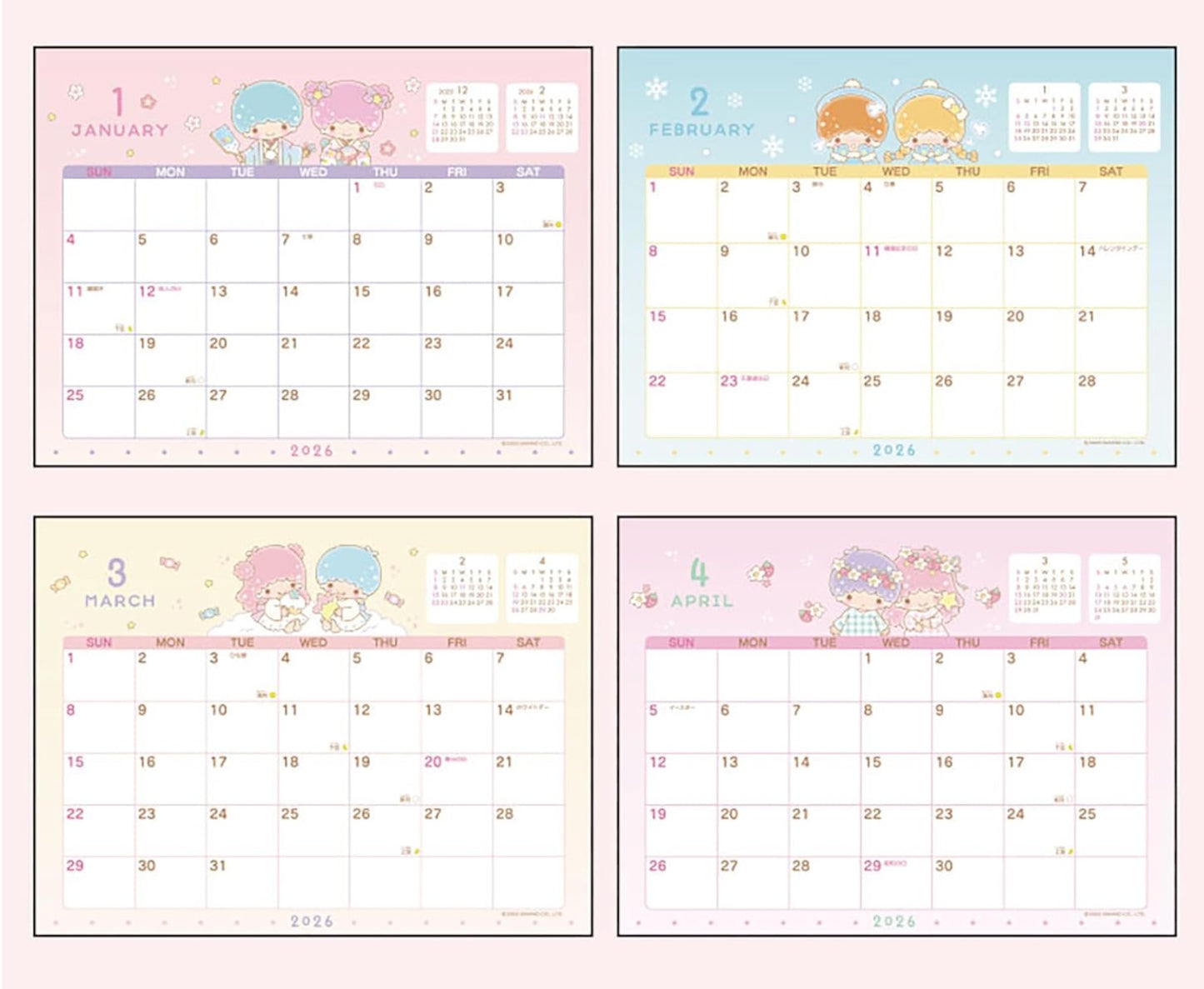 Little Twin Stars 2026 calendar monthly pages