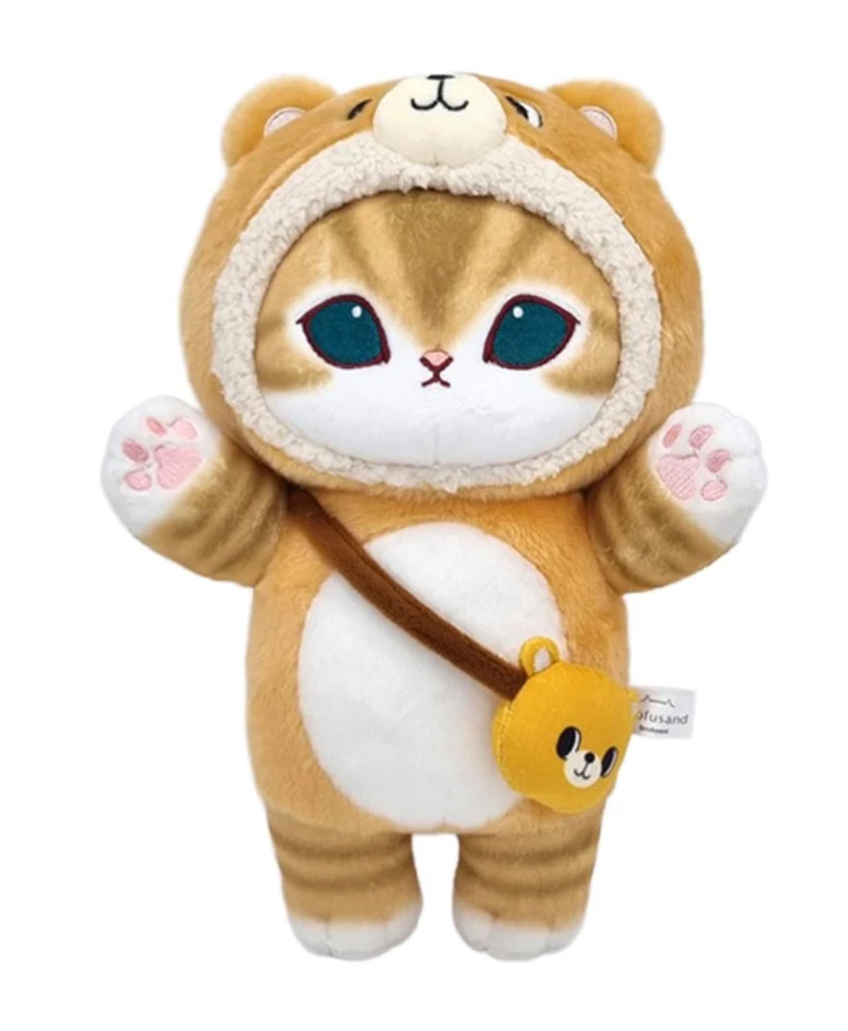 Ginger Mofusand cat plush wearing a brown bear costume with a small bear-shaped crossbody bag
