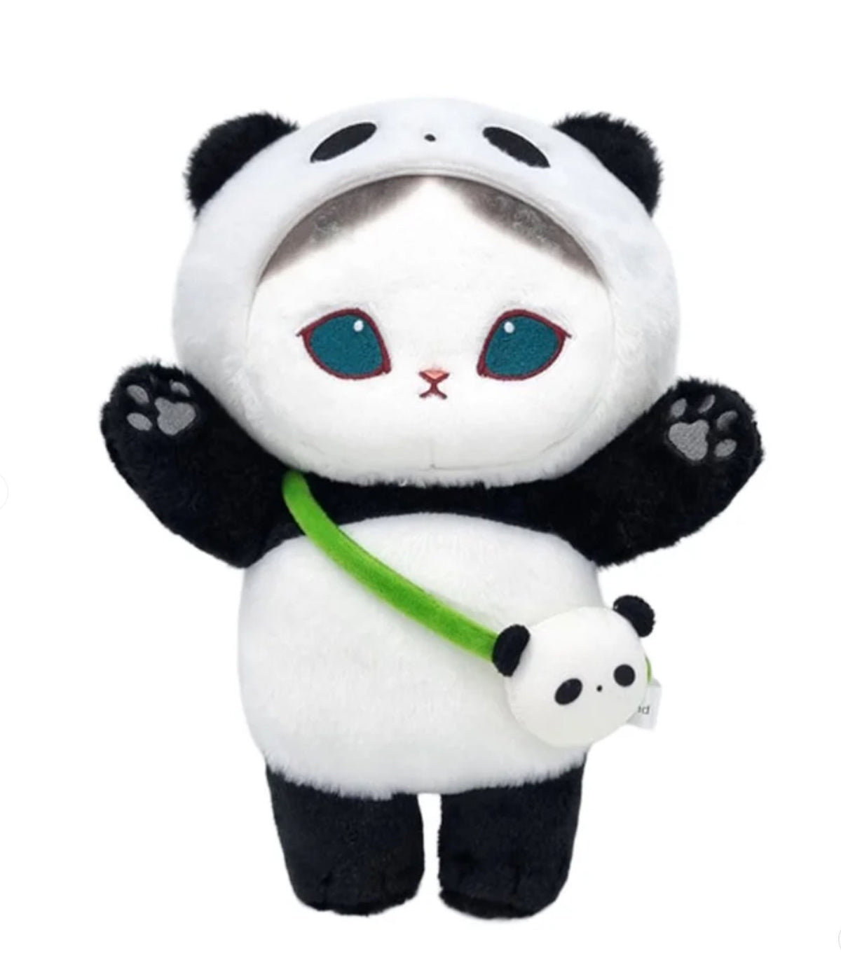 Grey Mofusand cat plush wearing a black-and-white panda costume with a small panda-shaped crossbody bag