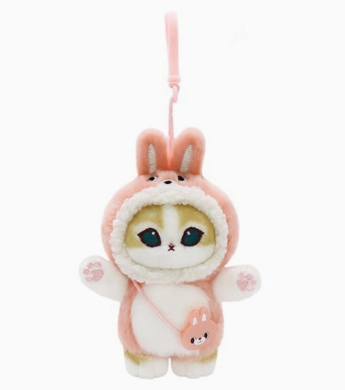 Mofusand cat plush keychain wearing a pink rabbit costume, 9cm