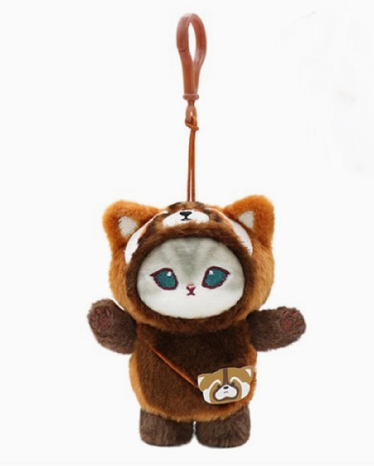 Mofusand cat plush keychain wearing a red panda costume, 9cm