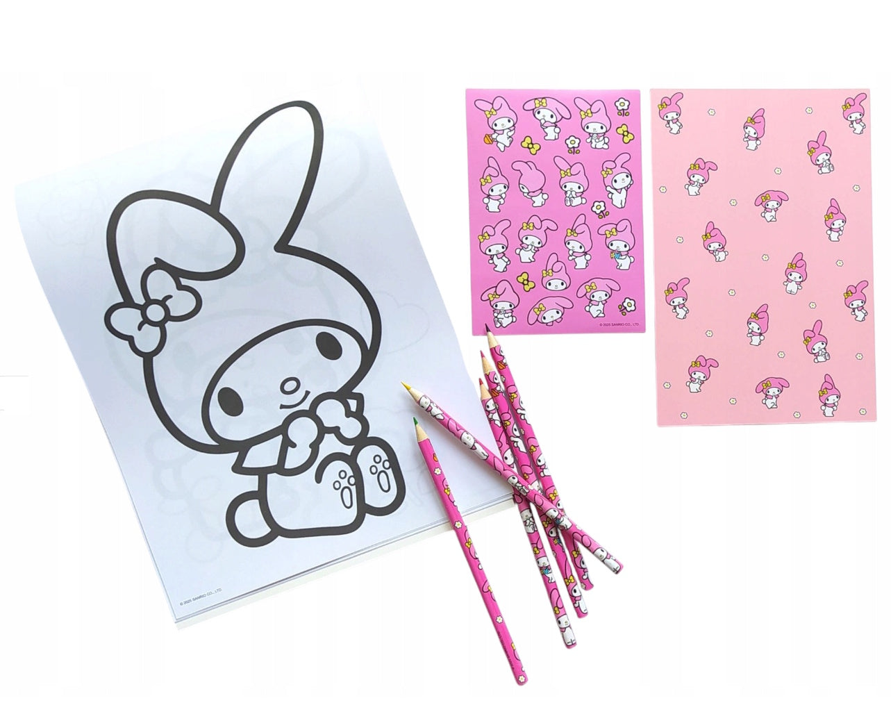 My Melody colouring book set with stickers and pencils showing one of the illustrations