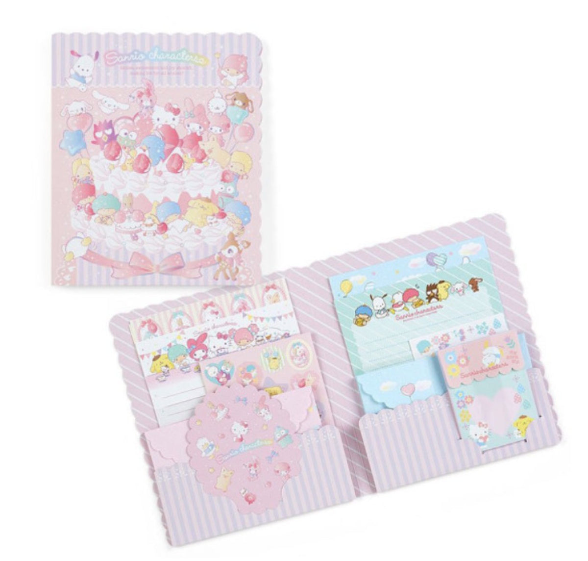 Sanrio Mixed Character letter writing stationery set with pink folder and assorted contents