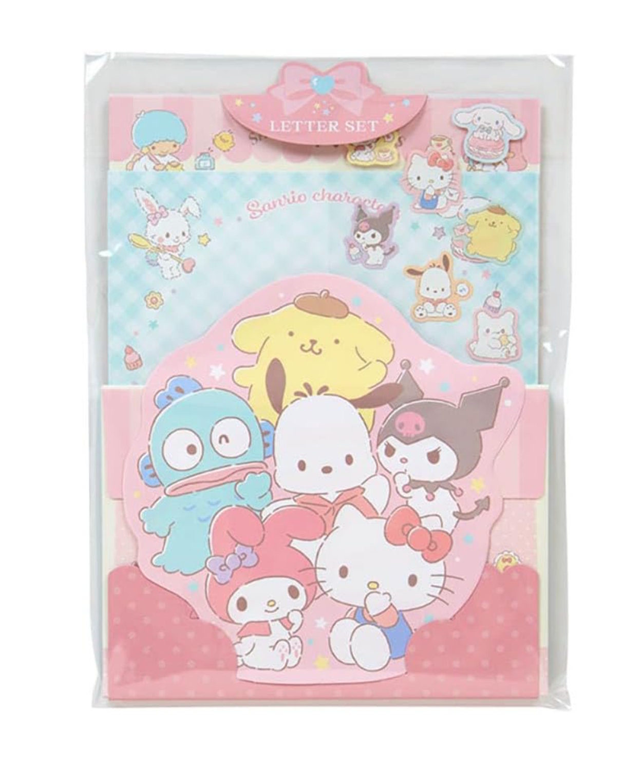 Sanrio characters letter set with writing paper envelopes and stickers featuring Hello Kitty Kuromi My Melody and Pompompurin