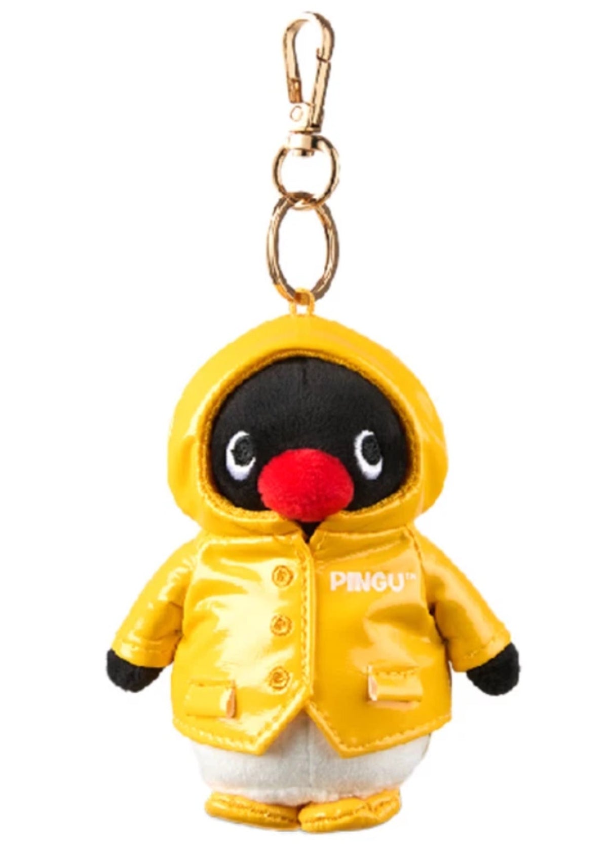 Pingu plush keychain wearing a yellow hooded raincoat, front view