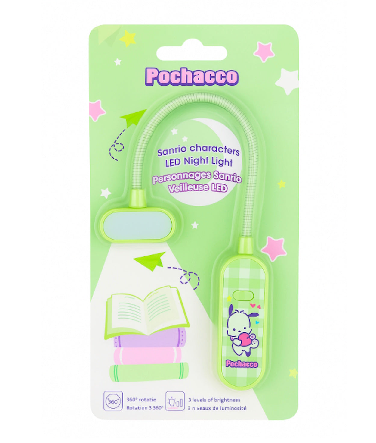 Pochacco pastel green LED clip night light with flexible neck and character design in packaging