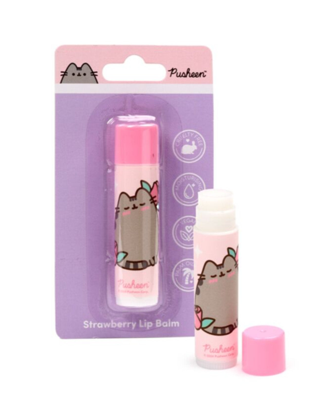 Pusheen lip balm shown in and out of packaging