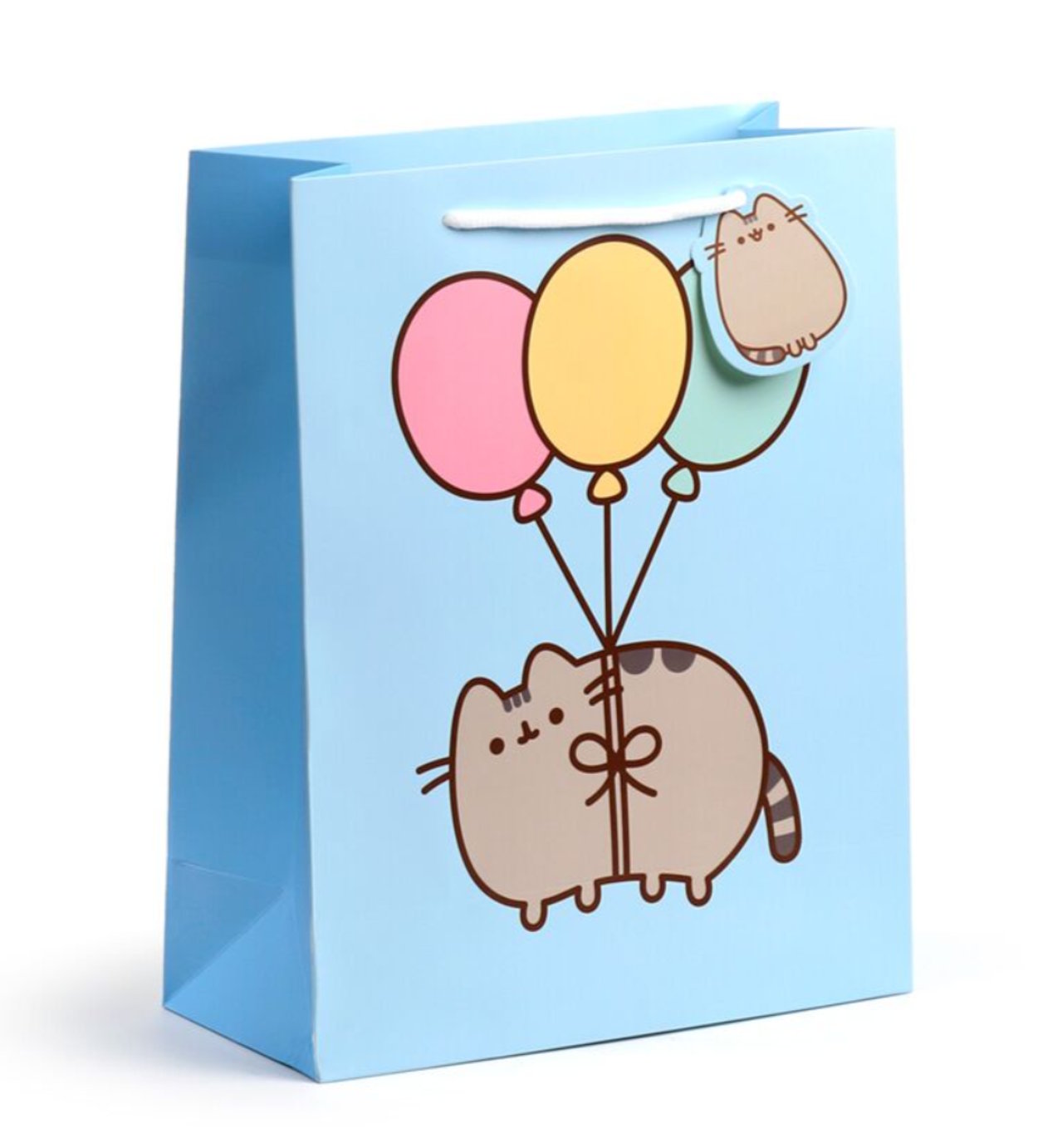 Large pastel blue Pusheen gift bag featuring Pusheen holding colourful balloons