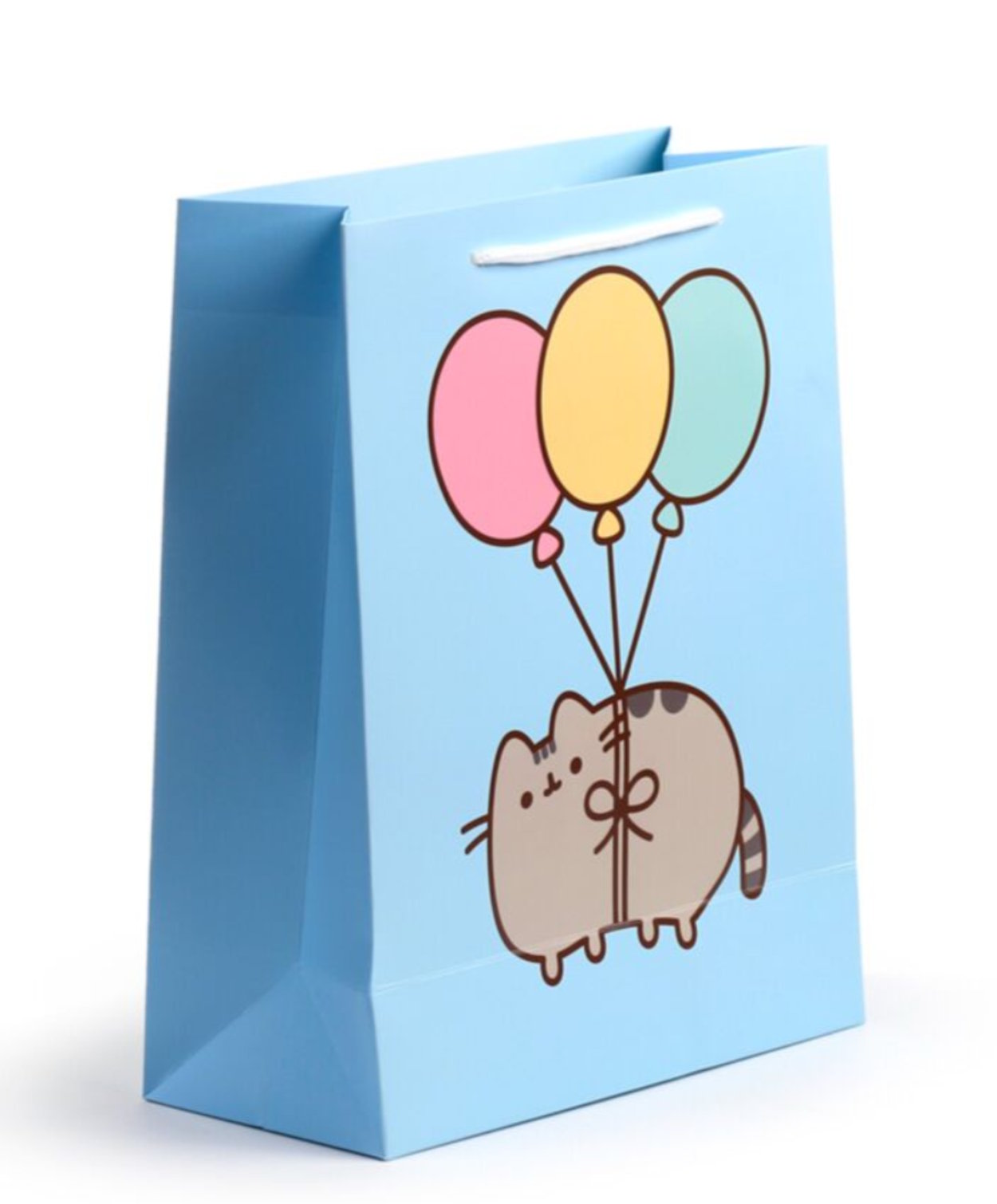 Side view of pastel blue Pusheen gift bag with balloon design
