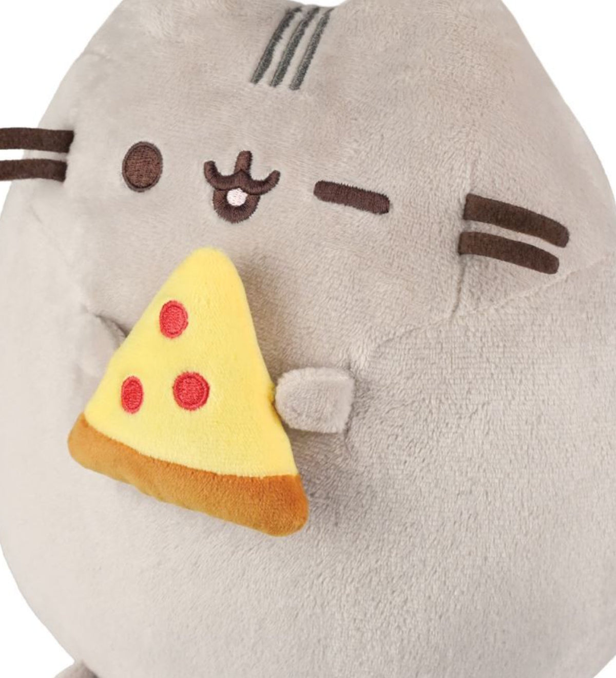 Pusheen Pizza 24cm grey cat plush holding a slice of pizza close up