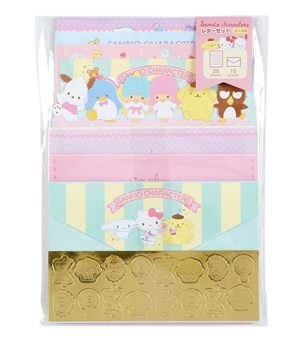 Sanrio Mixed Character letter set with writing paper envelopes and gold stickers