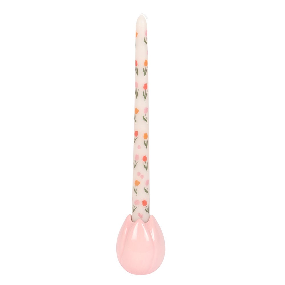 Cute Tulip patterned candle in pink tulip candle holder 