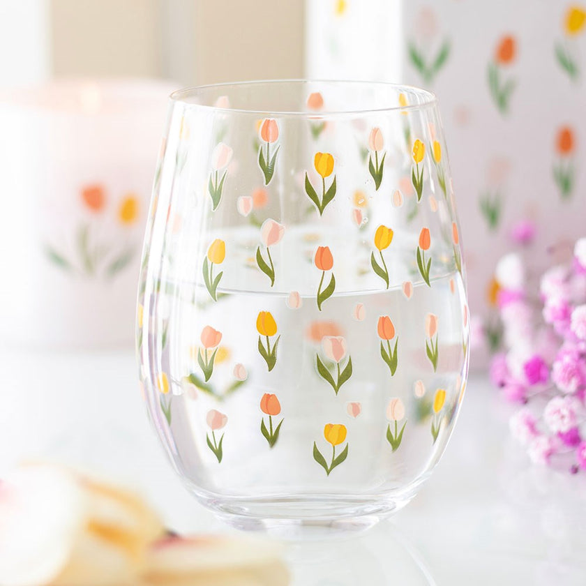 Kawaii Tulip Print Stemless Wine Glass