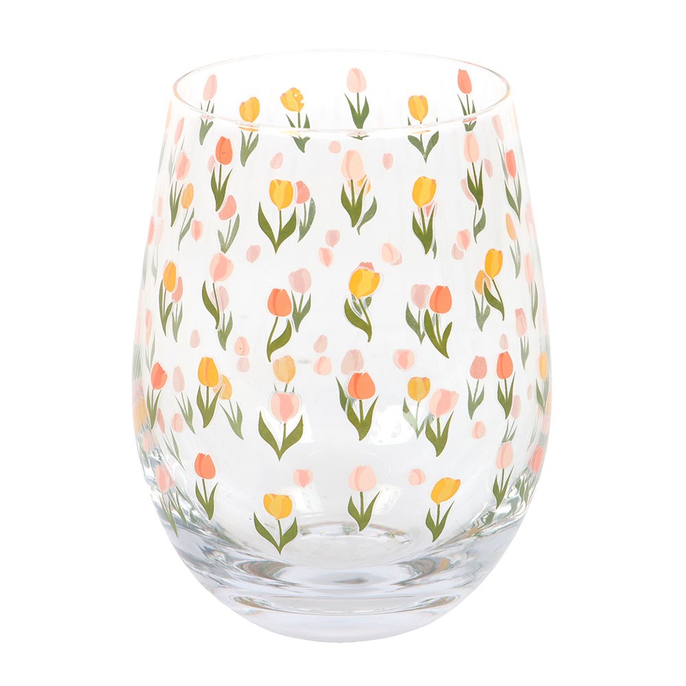 Kawaii Tulip Print Stemless Wine Glass