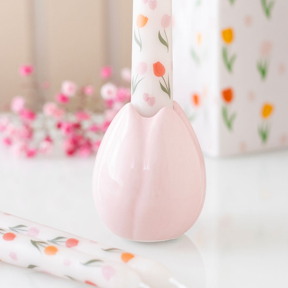 Tulip shaped candle holder with pastel floral candle