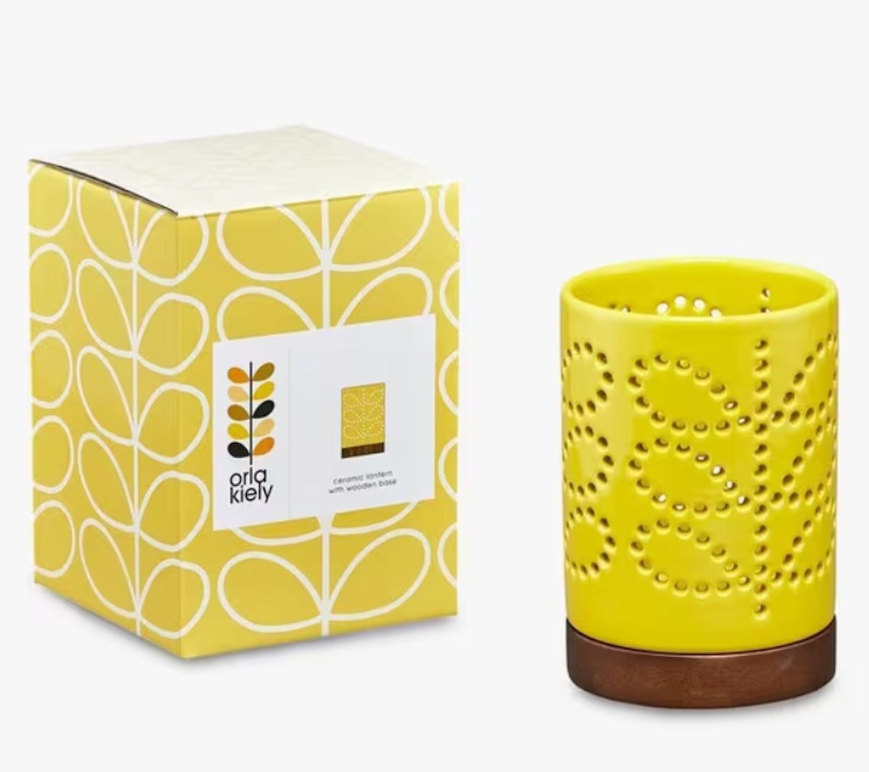Orla Kiely ceramic lantern in sunflower yellow with Linear Stem design with matching box